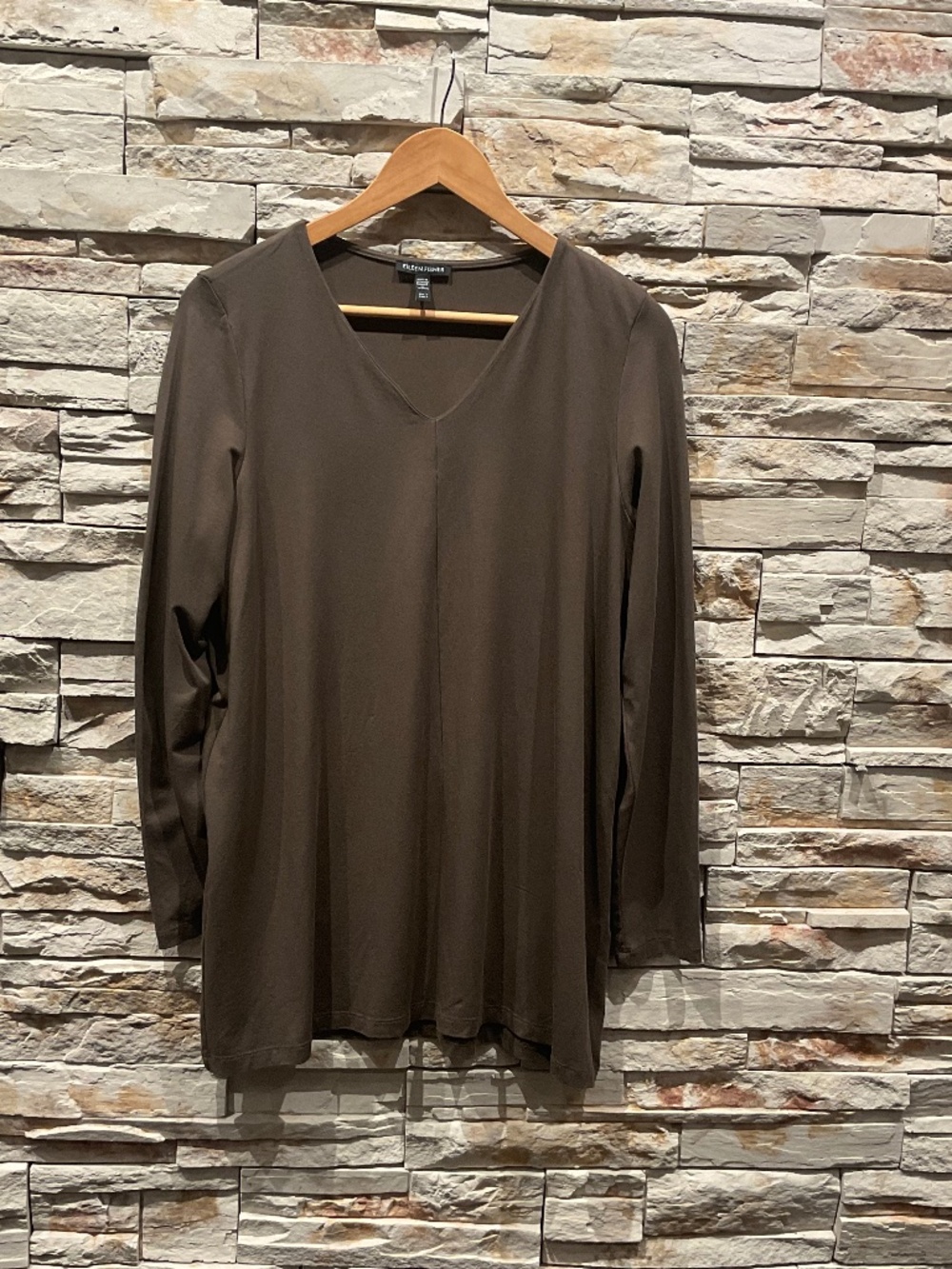 Eileen Fisher Long Sleeve V Neck Tunic  Top ,  Color  Brown , Size S